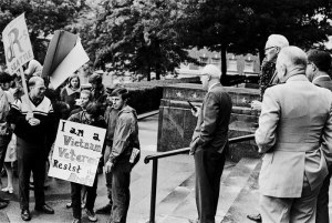 An antiwar veteran at a Support Demonstration at the Federal Building in dowtown Seattle, September 13, 1968. Copyright (c) Fred Lonidier.